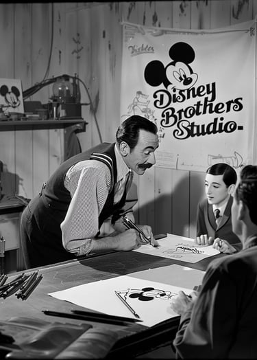 Disney Brothers Cartoon Studio." Walt Disney, dressed in a button-up shirt and suspender
