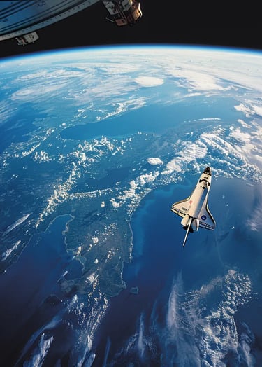 Space Shuttle Challenger drifting against the backdrop of Earth