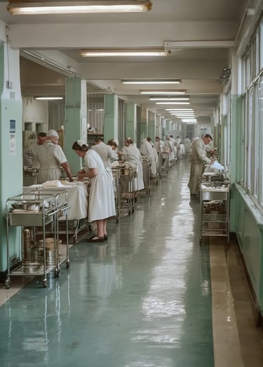nurses in starched white caps and powder-blue uniforms set out metal trolleys