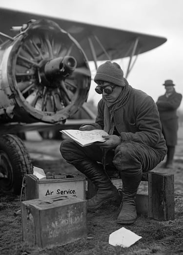 Crisp winter morning at Curtiss Field, Long Island, 1922: a biplane with rotary engine idles