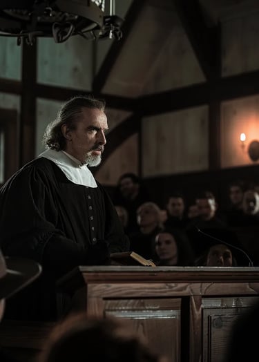  A stern-faced magistrate in traditional black robes and a white collar