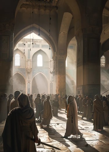 inside the grand mosque, where Caliph Umar ibn al-Khattab stands before rows of worshippers