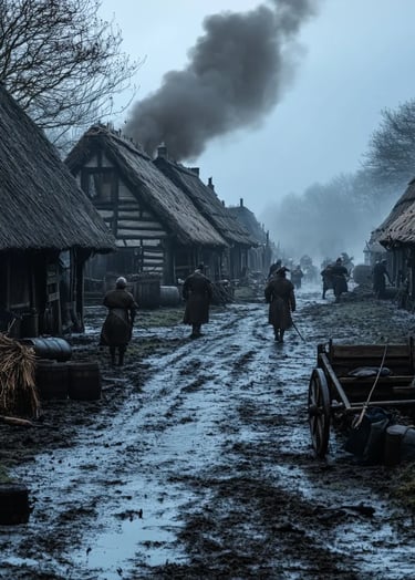 misty November morning in a small English village, timber-framed huts with thatched roofs