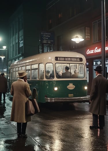 Early December dusk, Montgomery, 1955: a city bus idles under a streetlamp