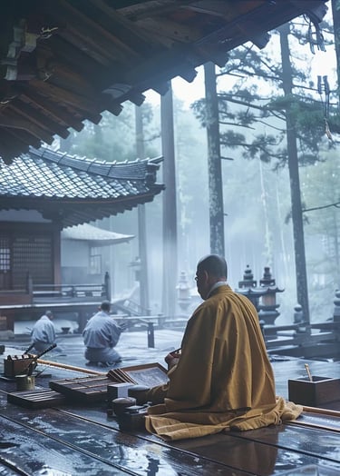 Mounit minobu secluded monastery, mist rolling over the towering cedar trees