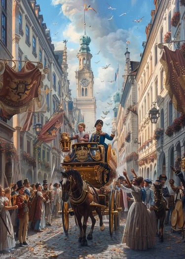 grand wedding procession moving through Munich’s cobblestone streets