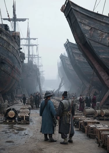 Nanjing Shipyard, China, July 11 1405: Armada Assembly at dawn.