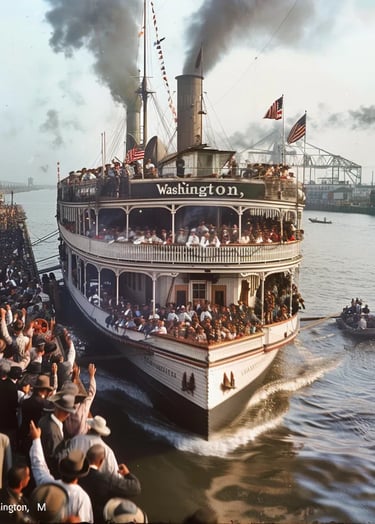  the "Washington," the first double-decked steamboat, arriving at the bustling port of New Orleans