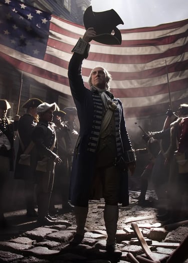 General George Washington standing before his battle-hardened troops at Fraunces Tavern