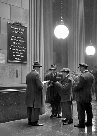 New York City, 1941 — grand civic courthouse lobby in marble and burnished brass