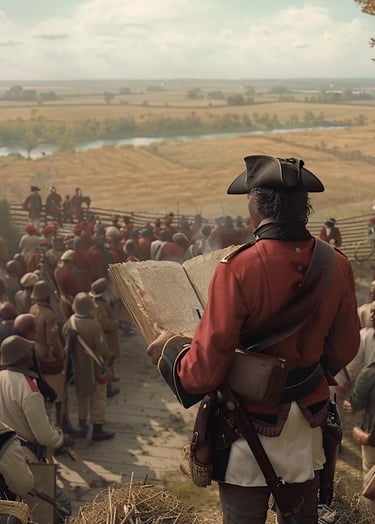 British officer reading Lord Dunmore’s proclamation to a gathering of enslaved men
