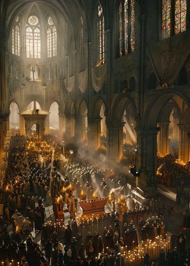 Notre-Dame Cathedral, Paris, 1793 – Wide-angle shot of revolutionaries draping banners of liberty