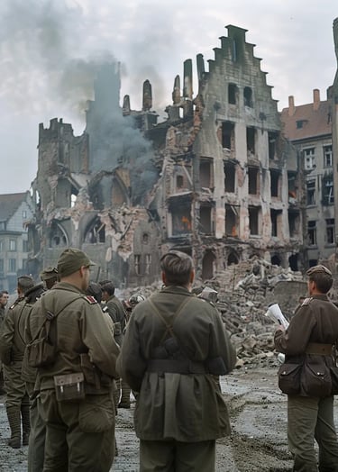 llied soldiers in olive drab uniforms overseeing the removal of political banners in a town square