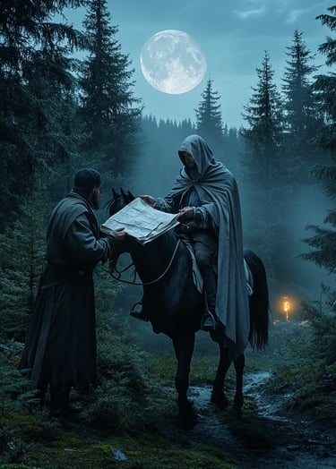 Charles XII prepares to escape Ottoman exile by horseback under moonlit forest