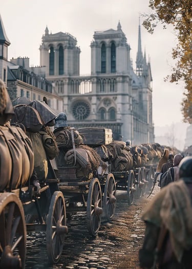 Jewish families, their belongings packed onto wooden carts, moving solemnly past the Notre Dame