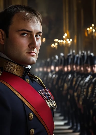  Napoleon Bonaparte standing before the French Council chambers, his military uniform crisp 