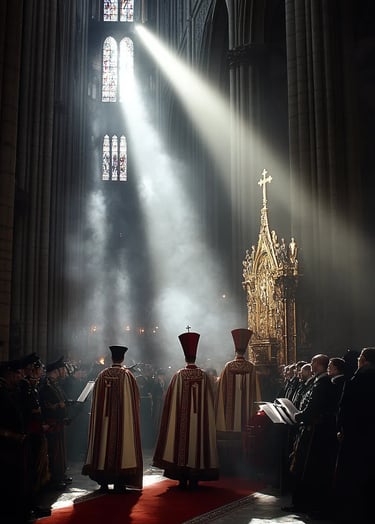 Paris, 1804, interior of Notre-Dame Cathedral at early morning: candlelit nave shimmering on French