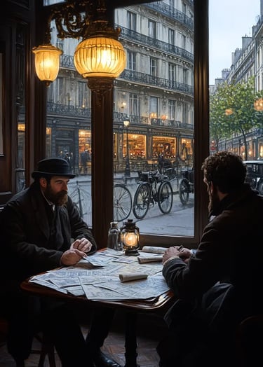 Parisian café interior, 1902, journalist Geo Lefevre and Henri Desgrange seated at a small table