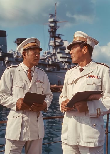 Japanese naval officers Suzuki and Maejima standing on the docks