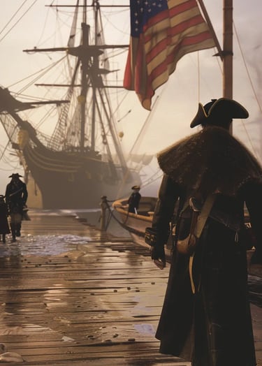  Benjamin Franklin, clad in a heavy wool coat and tricorn hat, stepping onto a wooden dock