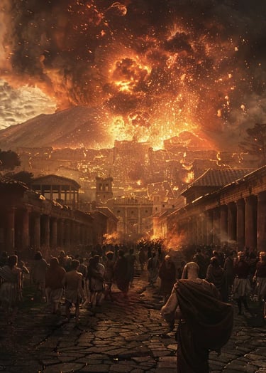  Mount Vesuvius erupting in the distance, a massive cloud of ash and fire rising into the darkened s