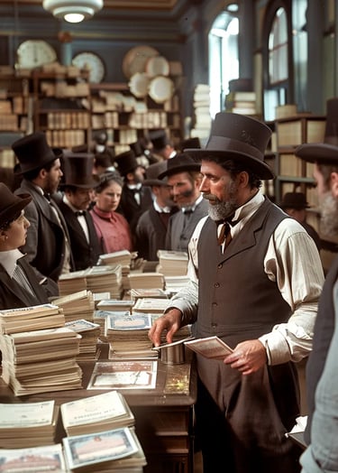 a crowded 19th-century post office, where a clerk in a waistcoat and rolled-up sleeves 
