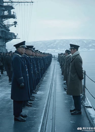 Hittokappu Bay, 1941, sub-arctic dawn: six carriers lie at anchor beneath snowy bluffs