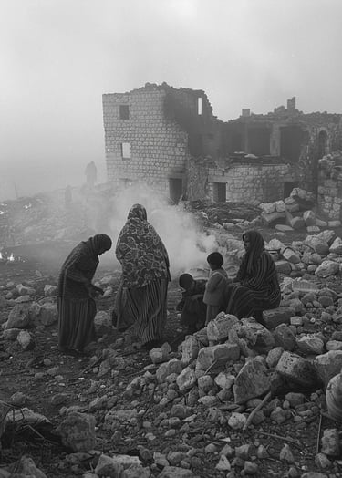 Jordanian village at dawn, its stone houses reduced to rubble