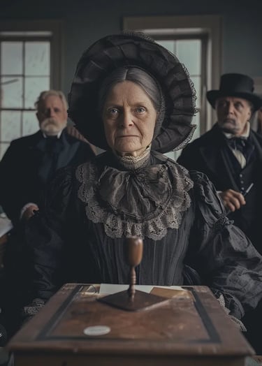 Susan B. Anthony, dressed in a dark Victorian gown and bonnet, standing at a polling station