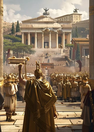 Emperor Theodosius I standing before a massive assembly in the Roman Forum, his golden robes