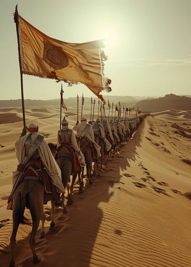 caravan of Moroccan soldiers and camels trudging through the endless golden dunes