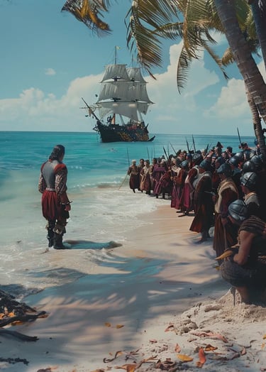 Christopher Columbus stepping onto the pristine shore