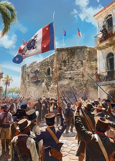 ominican revolutionaries gathered in the city square, raising the new national flag