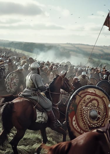 chaotic intensity of battle as Norman knights on horseback charge up the hill
