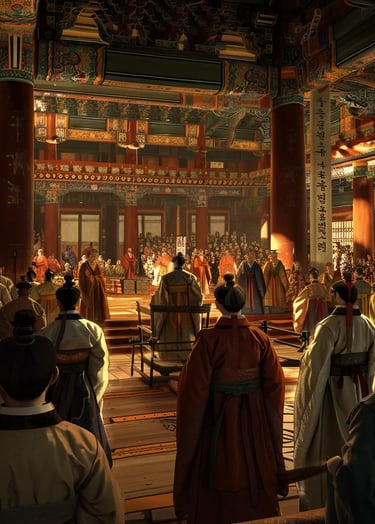  King Sejong the Great in his royal court, unveiling the newly created Hangul alphabet to scholars