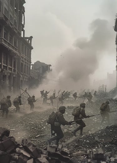 Shanghai, 1937 – Wide-angle shot of Japanese soldiers advancing through the rubble