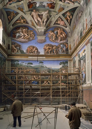 wooden scaffolding, at a nearly completed fresco