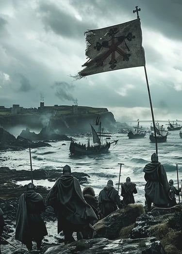 Papal troops disembarking from galleys onto rocky shores
