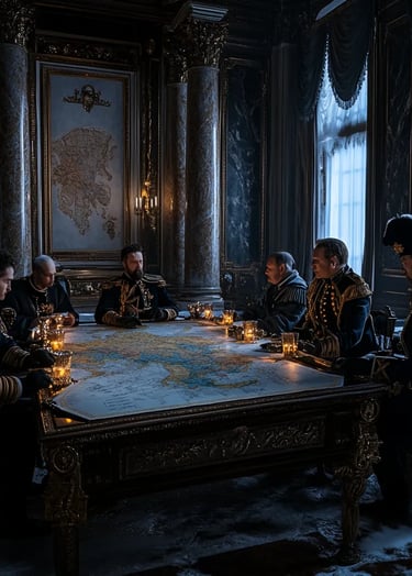 Snow swirling outside the grand Winter Palace in Saint Petersburg, Tsar Alexander I in rich imperial
