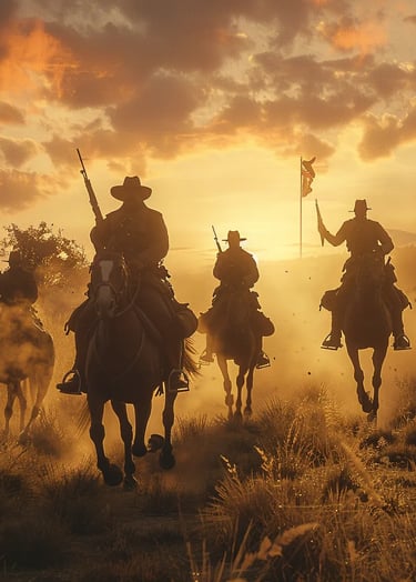 Boer commandos in dusty slouch hats riding across the golden plains