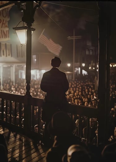Abraham Lincoln standing on a wooden balcony, addressing a crowd