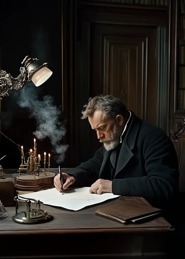 Alfred Nobel sits at a mahogany writing desk, his quivering hand sealing the parchment will