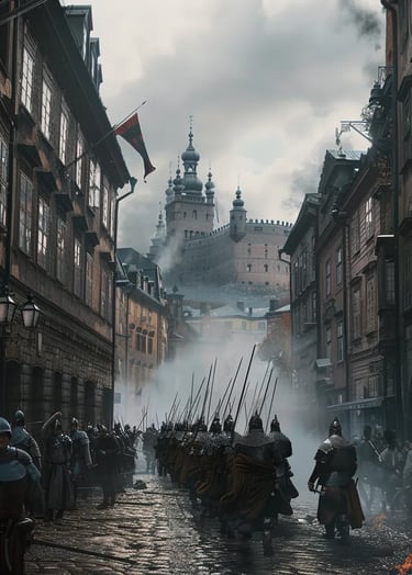 Danish soldiers marching into the cobblestone streets of Stockholm