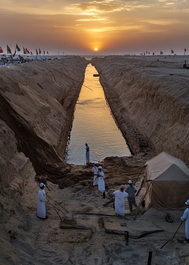 sunrise over the northeastern Egyptian coast, engineers and Egyptian workers setting up flags
