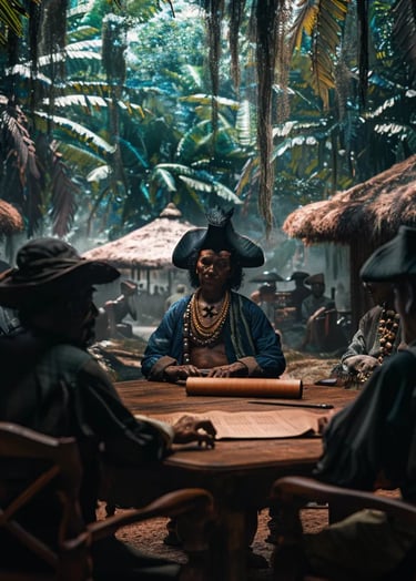  Ndyka Maroon leaders in indigo-dyed loincloths and bead necklaces seated across from Dutch official