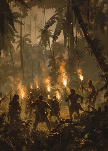 group of Maroons, armed with machetes and muskets, prepare an ambush near a Dutch