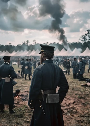 Union Army Camp, Mississippi, 1862 – Wide-angle shot of General Ulysses S. Grant standing before his