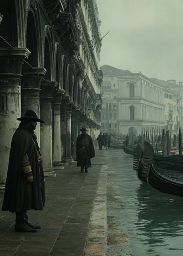 A Venetian physician in a black cloak and wide-brimmed hat observes