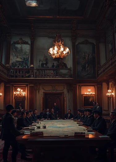 War Council in Santiago: In a grand colonial hall lit by oil lamps