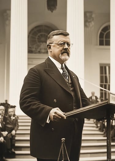 President Theodore Roosevelt standing before a gathering of journalists
